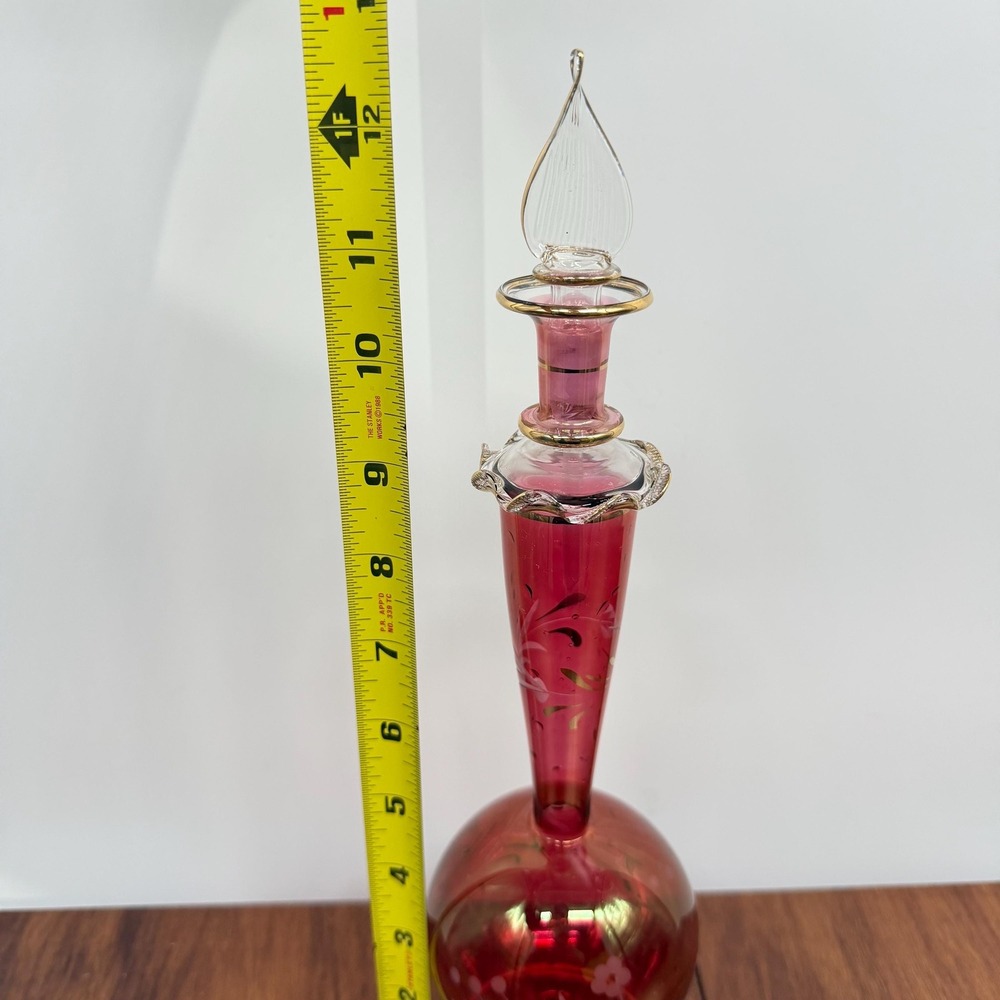 Hand Blown Egyptian Art Glass Perfume Bottle Cranberry Red Gold 12 Inch VTG 90s - Picture 12 of 13